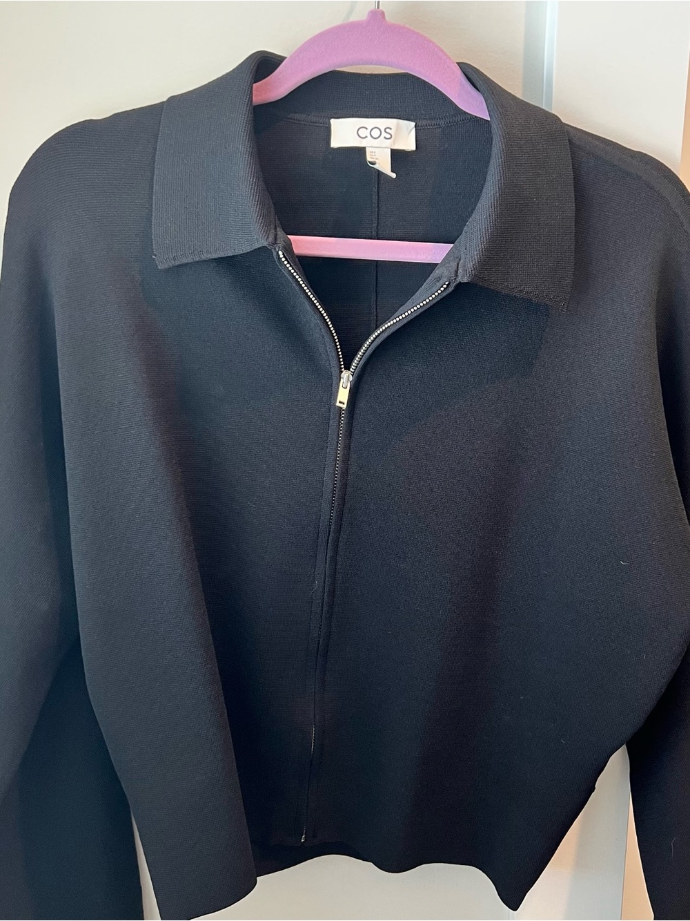 COS Black Zip-Front Collared Knit Jacket